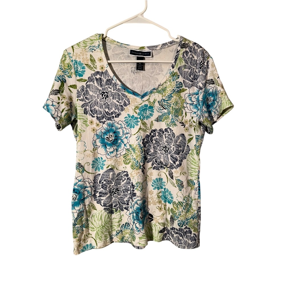 Karen Scott Womens Sz Medium V-Neck T-Shirt White Blue Green Floral Cotton Blend